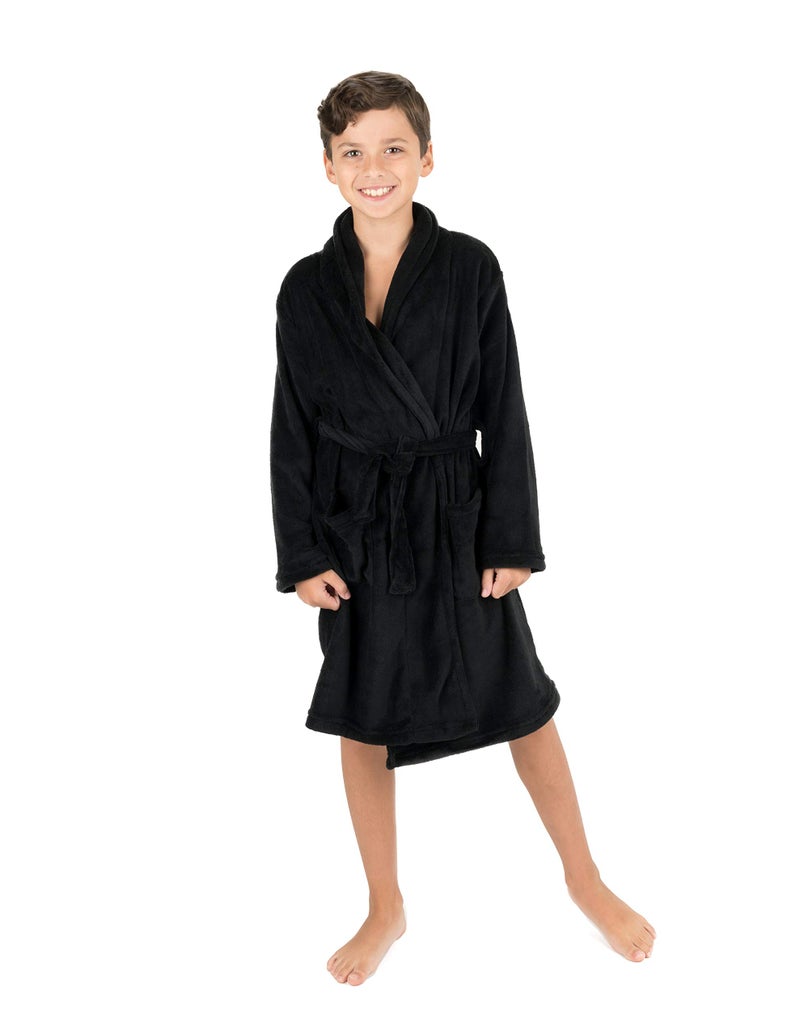 Leveret Kids Robe Boys Girls Bathrobe Shawl Collar Fleece Sleep Robe Black Size 14 Years - Image 1